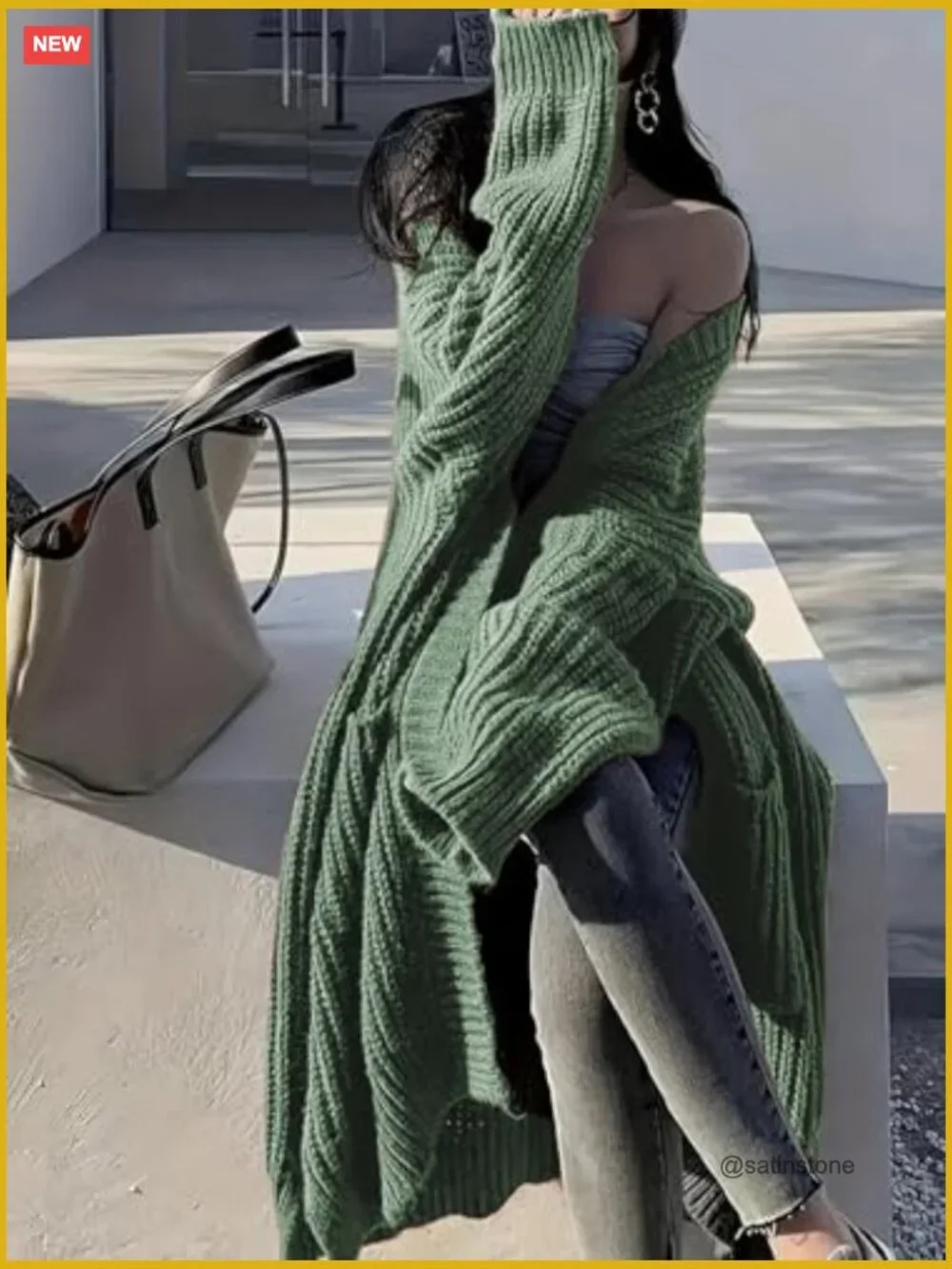 Long Open Front Cardigan Sweater Duster with Pockets Chunky Cable Knit - Picture 2 of 7